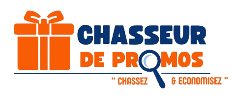 Texte : Chasseur de promos Icône d’un cadeau et d’une loupe symbolisants la quête de bons plans