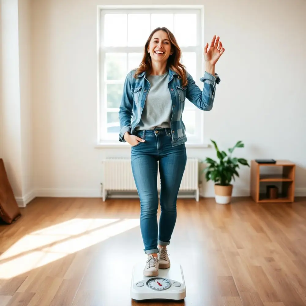 Femme souriante debout sur une balance à la maison